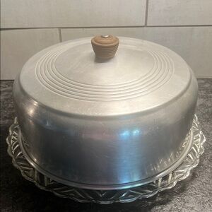 Vintage Silver Cake Dome with Wooden Knob, cut glass dish. Fits 10” cake